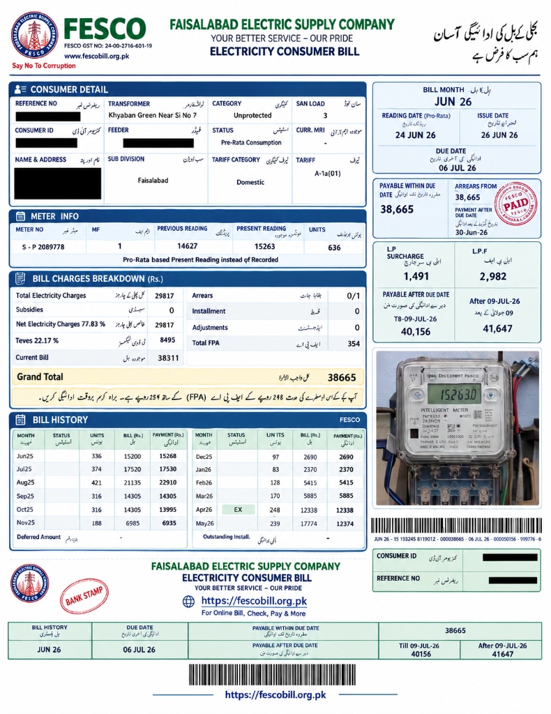 FESCO Duplicate Electricity Consumer Bill Sample