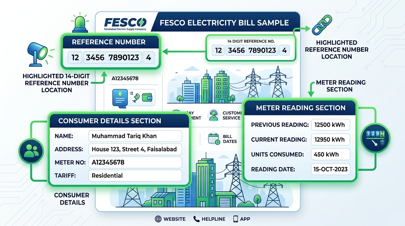 Lesco Bill and FESCO Bill Online Reference Number Location & Meter Reading Layout Diagram