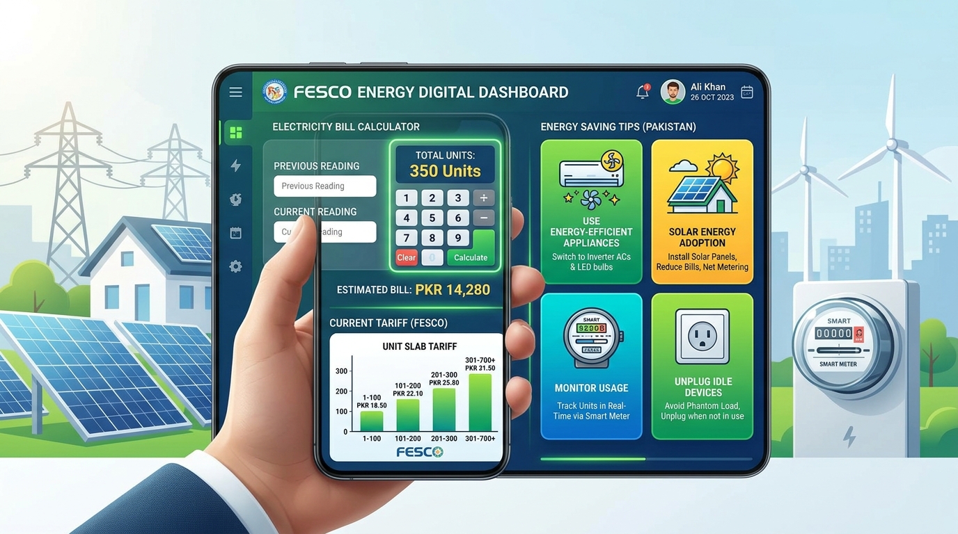 Lesco Bill and FESCO Electricity Bill Calculator & Energy Saving Unit Tariff Guide Illustration